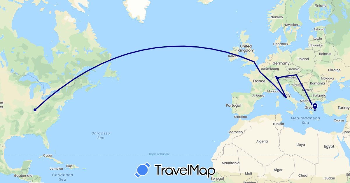 TravelMap itinerary: driving in Austria, Switzerland, Germany, France, United Kingdom, Greece, Italy, Liechtenstein, United States (Europe, North America)